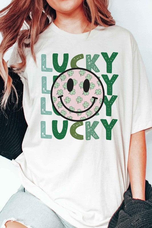LUCKY CLOVER HAPPY FACE Graphic T-Shirt